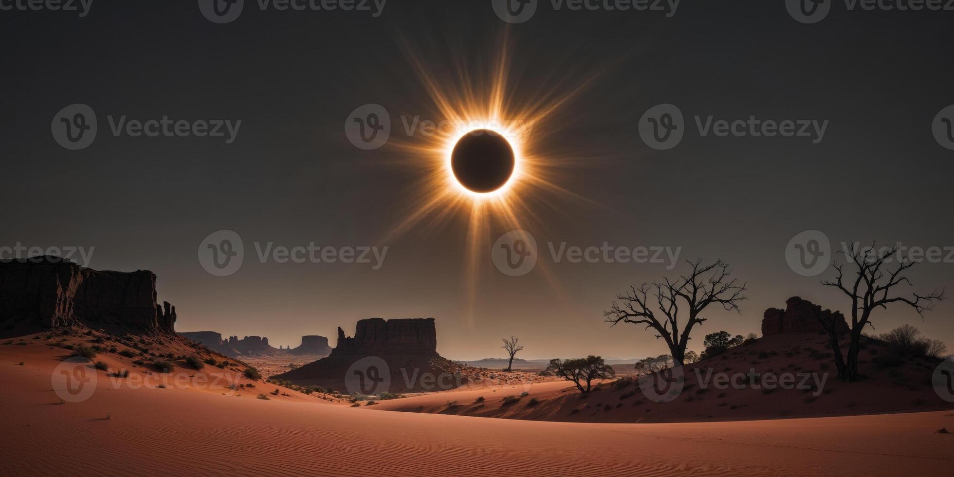 Desert landscape under total solar eclipse with dramatic shadows and lighting photo