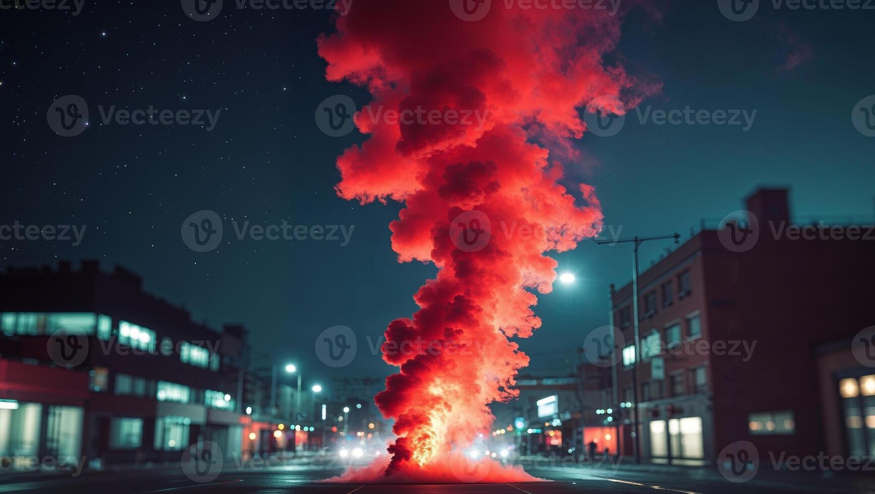 Red And Orange Smoke Rises At Night In Urban Setting. photo