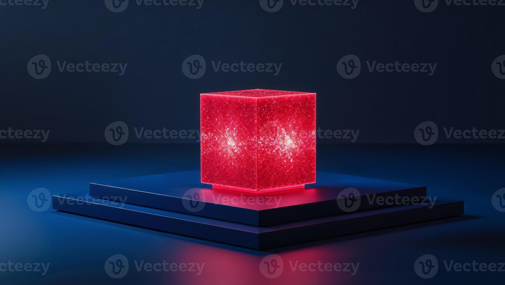 Glowing Red Cube on a Dark Blue Platform photo