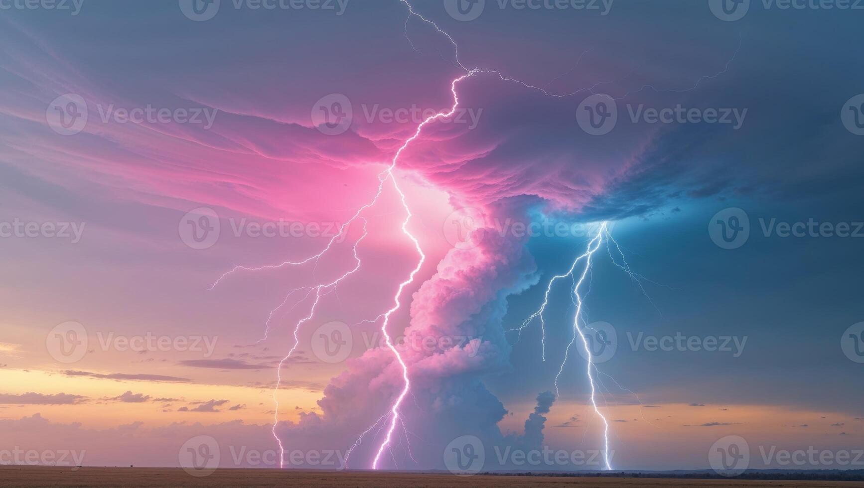 Pink And Blue Lightning Storm Over A Field At Sunset. photo