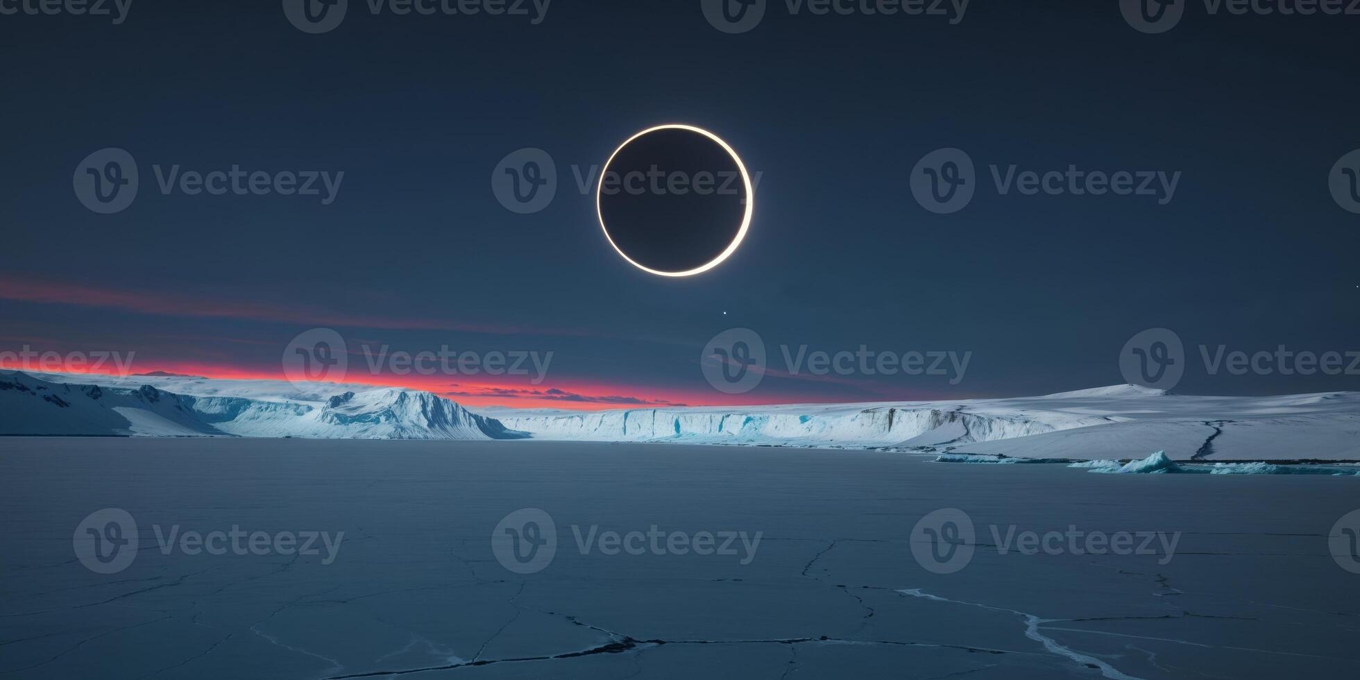 Solar eclipse casts dramatic shadows over a vast glacier landscape. photo