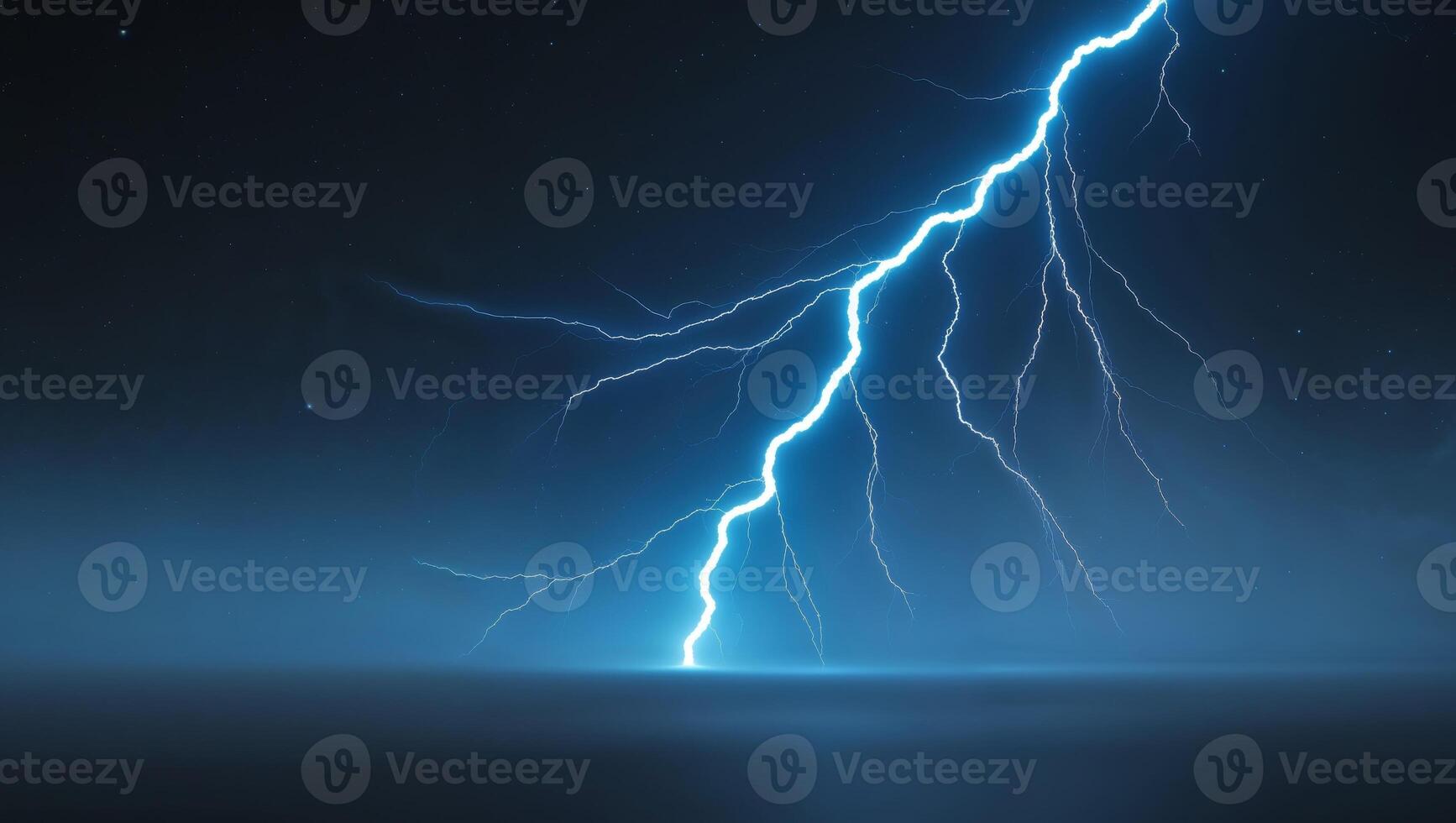 Electric blue lightning strike across dark space photo