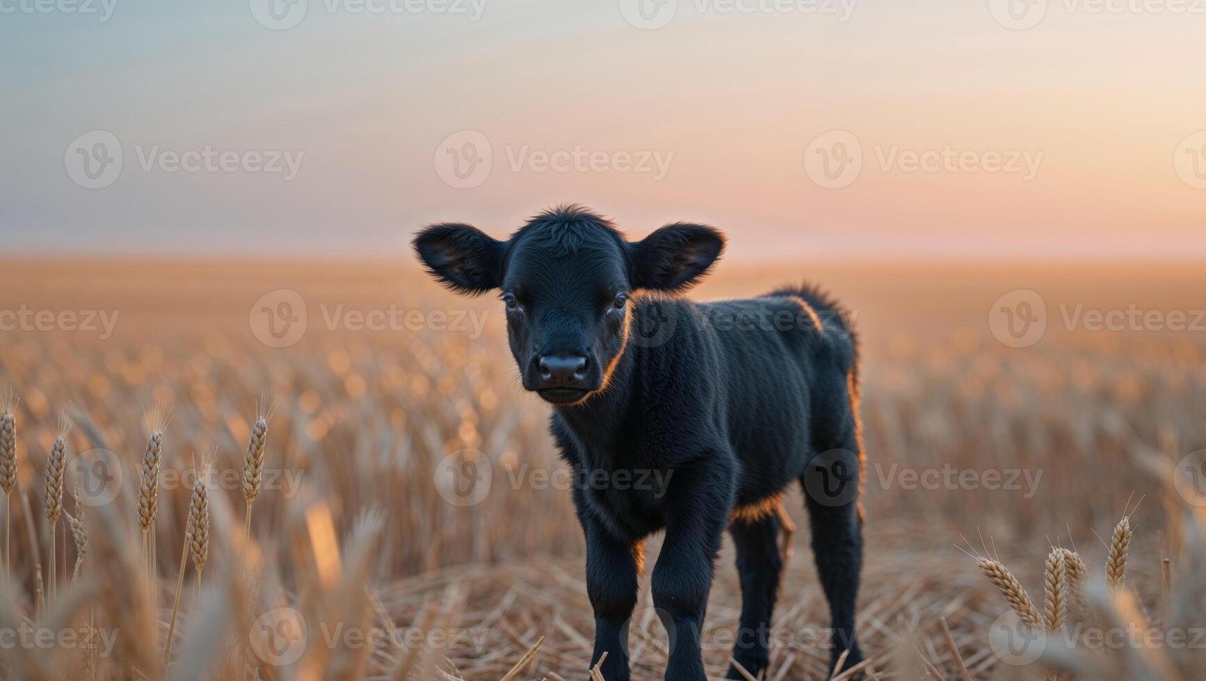 Young Black Calf in Wheat Field at Sunset. photo