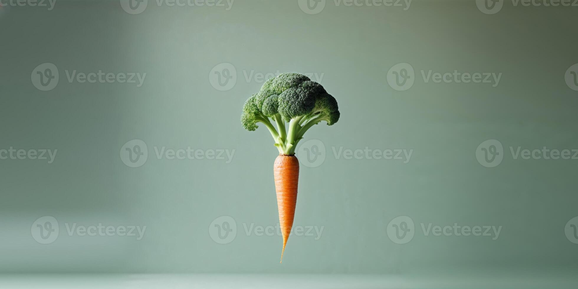 Floating broccoli and carrot on green background photo