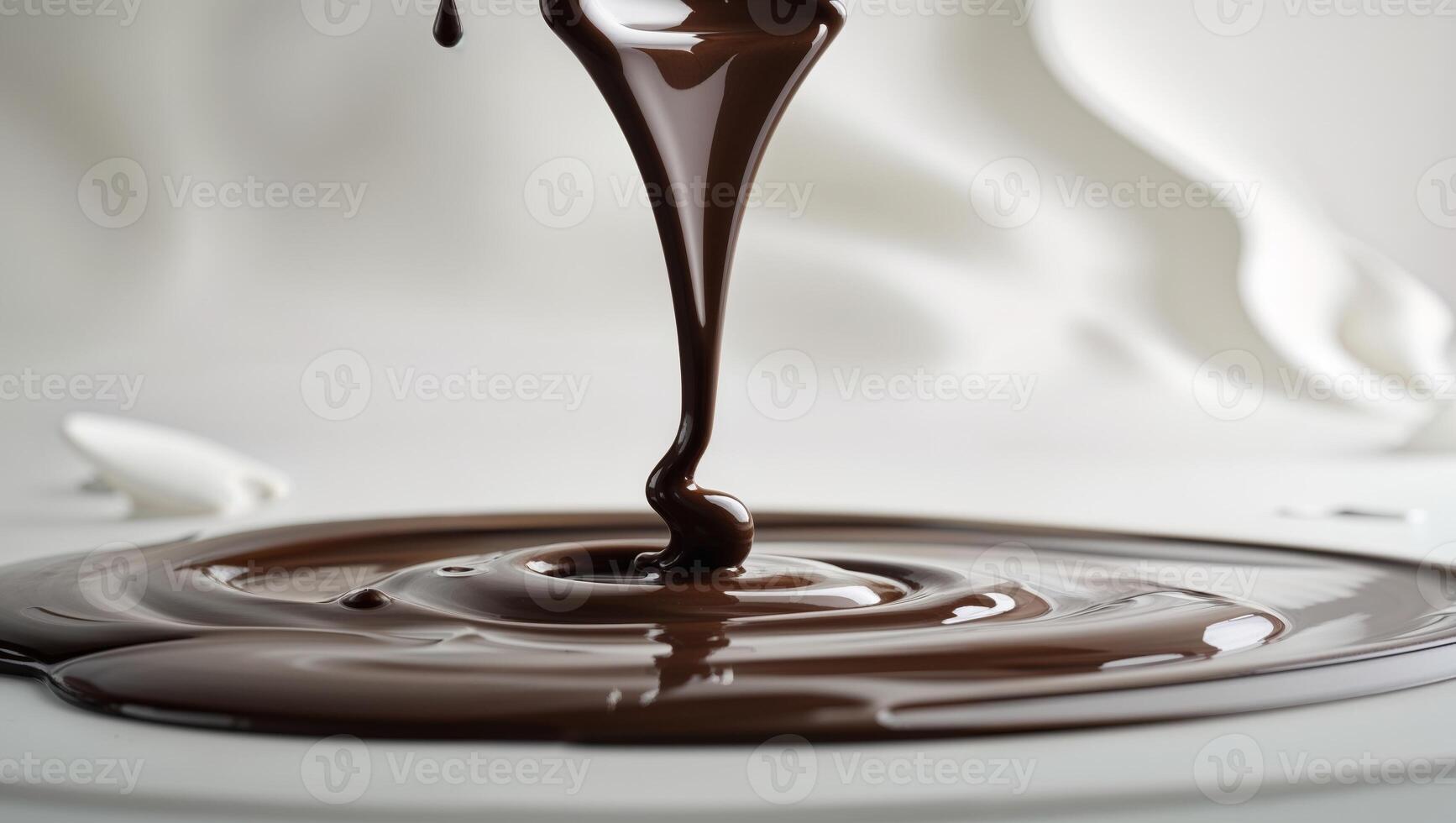 Melted chocolate pouring down in slow motion luscious and rich dark brown delicious treat. photo