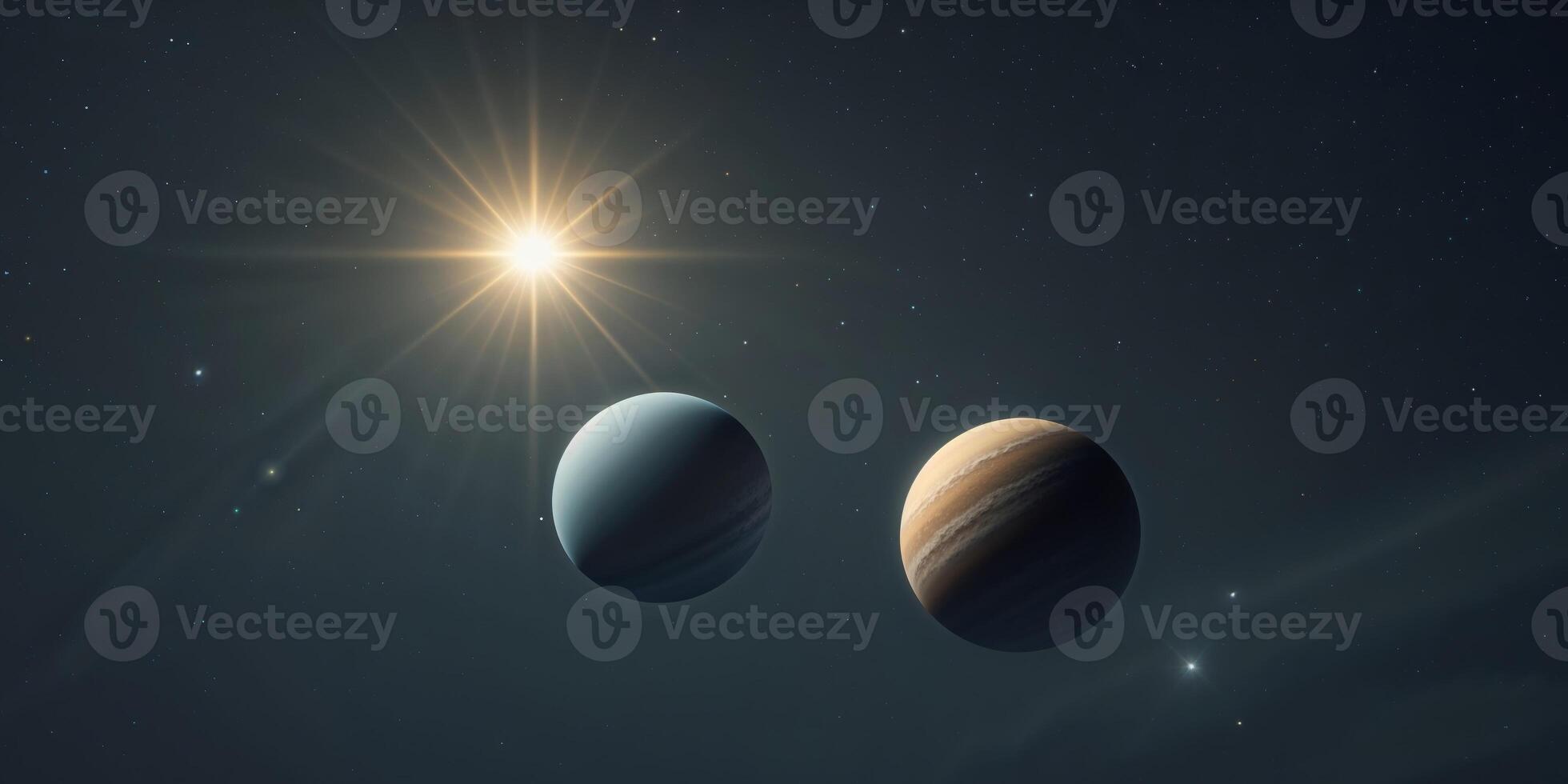 Two planets and a bright star appear in deep space. photo