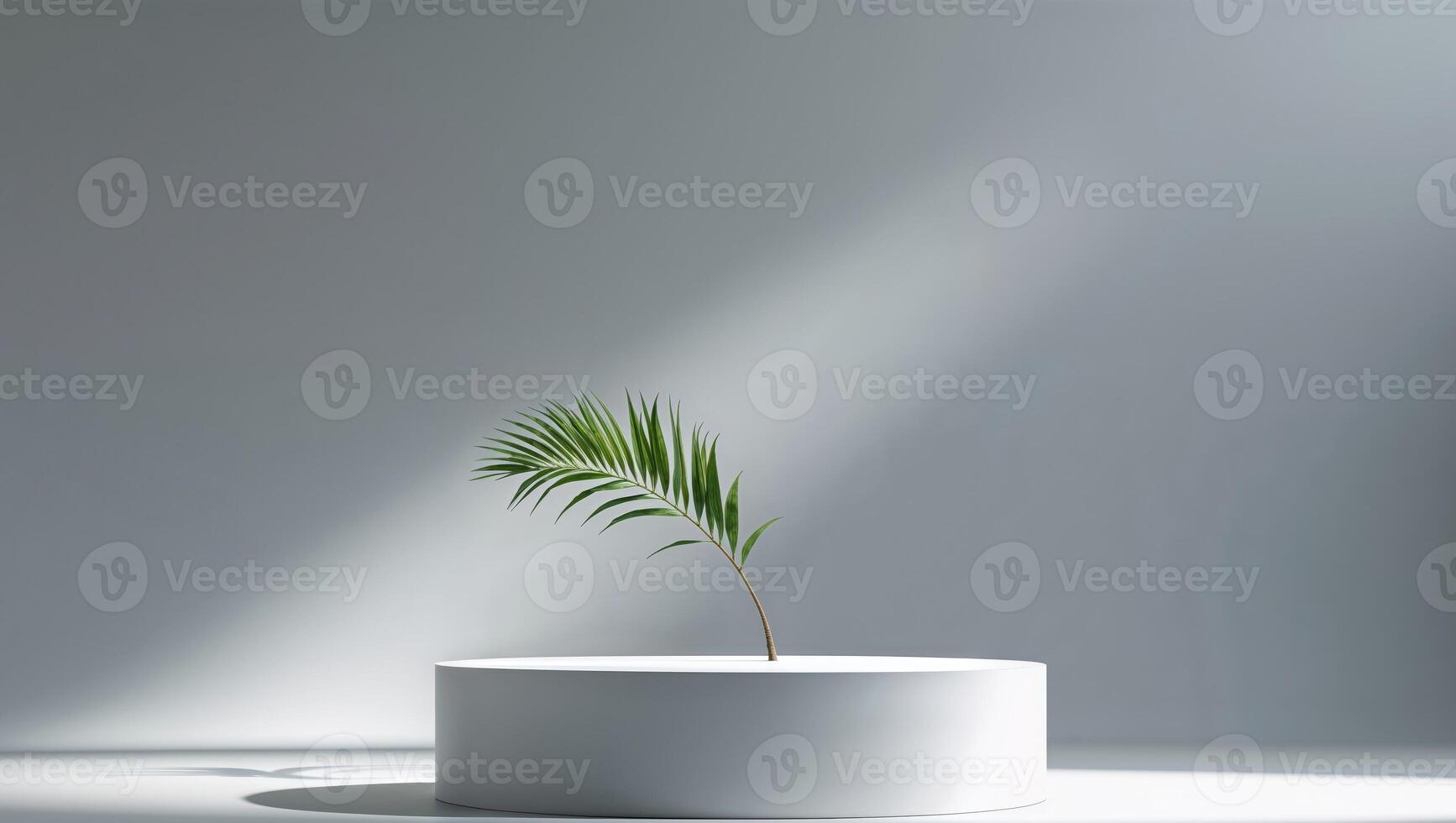 Round podium with palm branch on gray background. photo