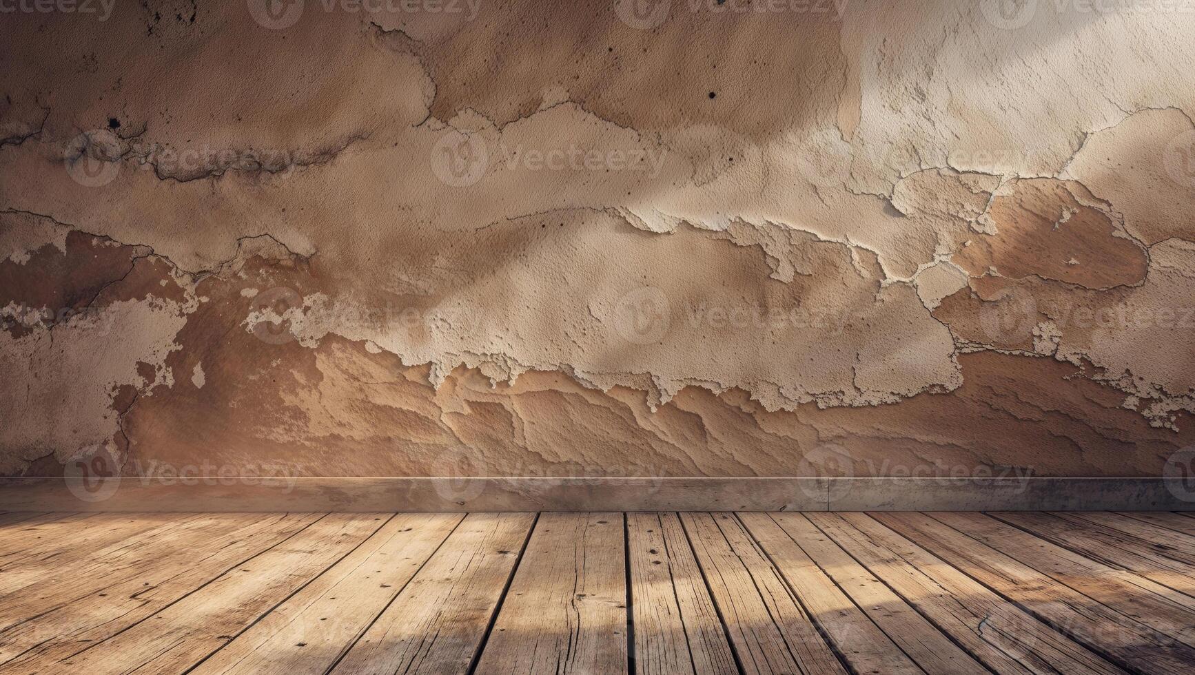 Rustic wooden floor and weathered wall with earthy tones. photo