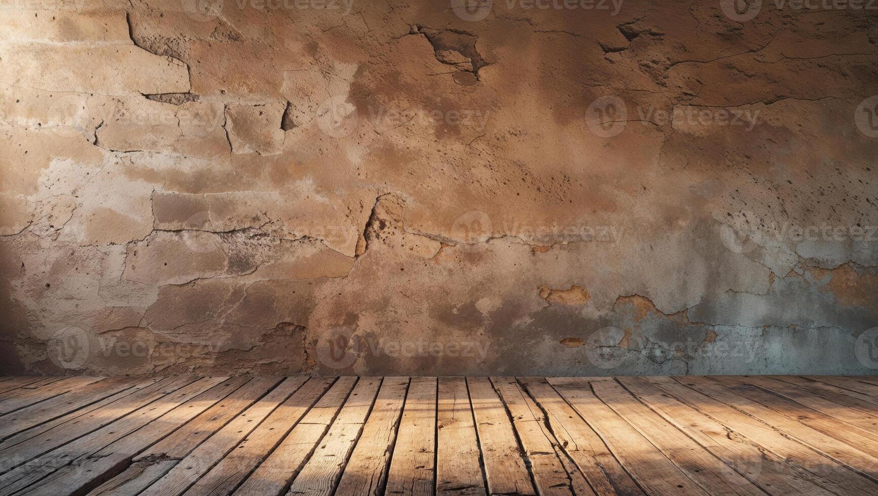 Rustic wooden floor and weathered wall with earthy tones photo