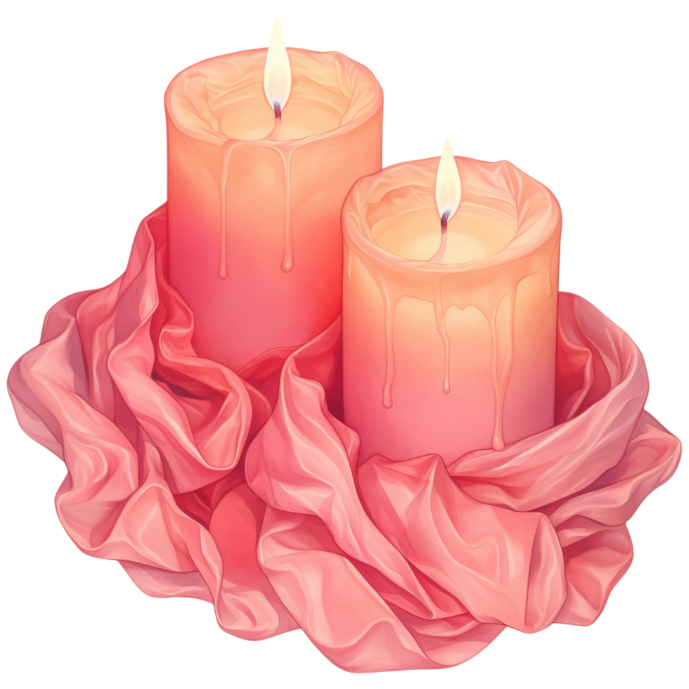Two elegant candles with soft pink hues, surrounded by flowing pink fabric, creating a warm and inviting atmosphere. png