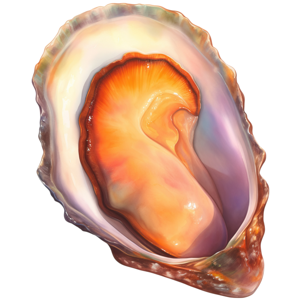A beautifully open shell with a lustrous, iridescent interior showcasing vibrant orange and pink hues. png