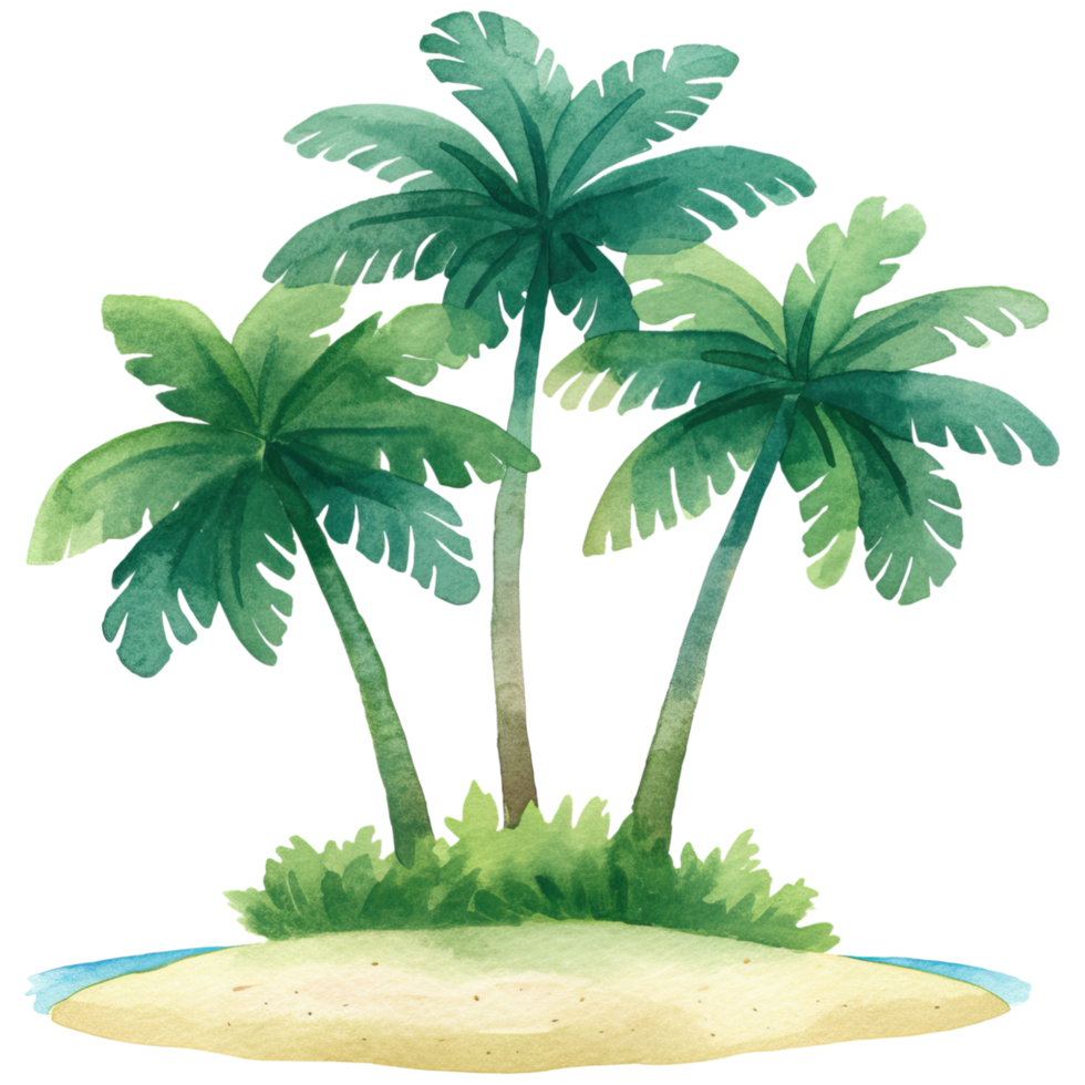 Three lush green palm trees atop a sandy island, evoking a tropical paradise vibe. png
