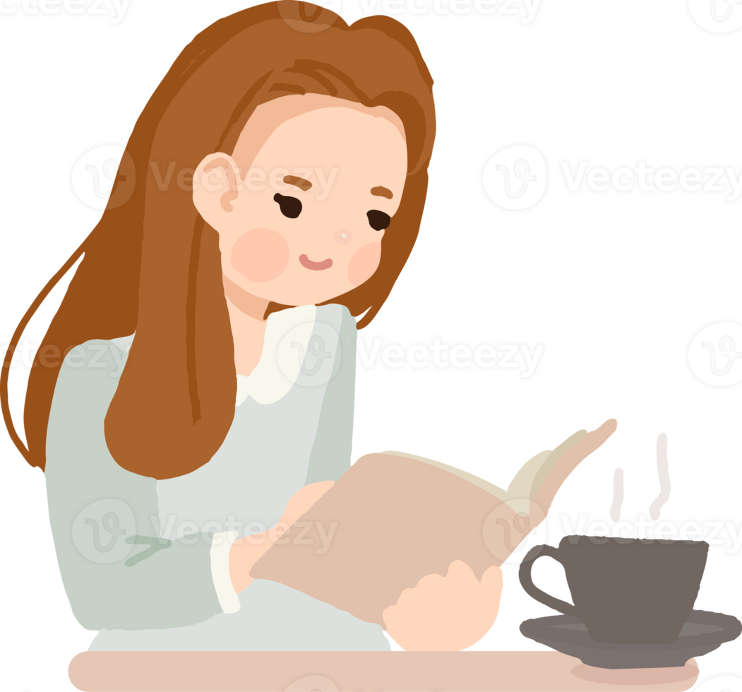 woman reading book and enjoy coffee cup at cafe cartoon flat style png