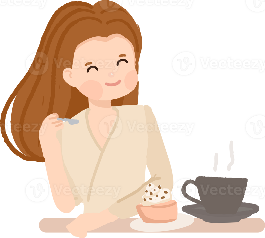 cutre woman enjoy coffee cup and dessert at cafe cartoon flat style png