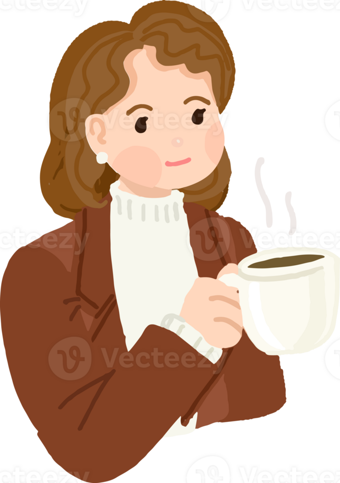 shrot hair woman enjoy coffee cup at cafe cartoon flat style png