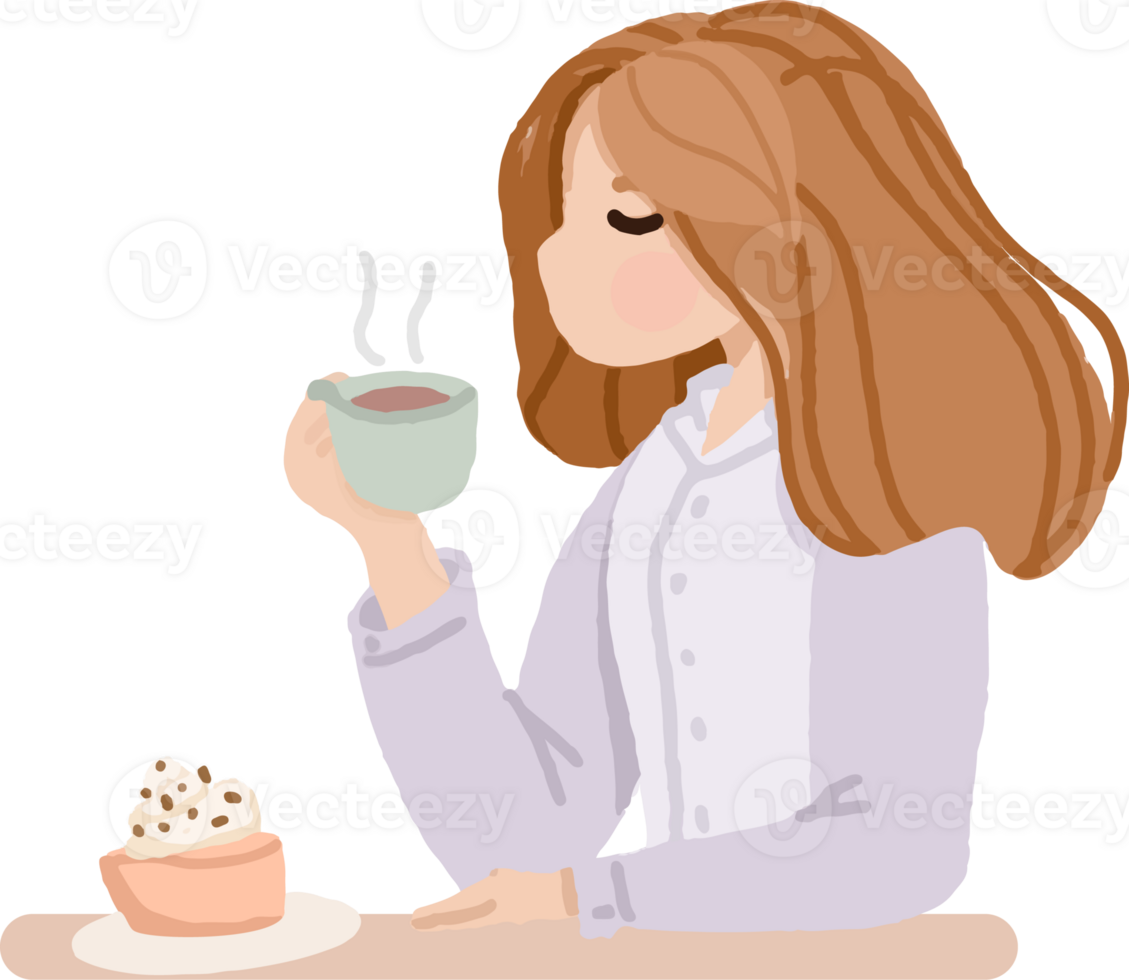 woman enjoy coffee cup and dessert at cafe cartoon flat style png