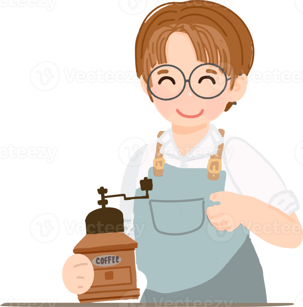 cute flat style woman girl barista in uniform using coffee grinder png