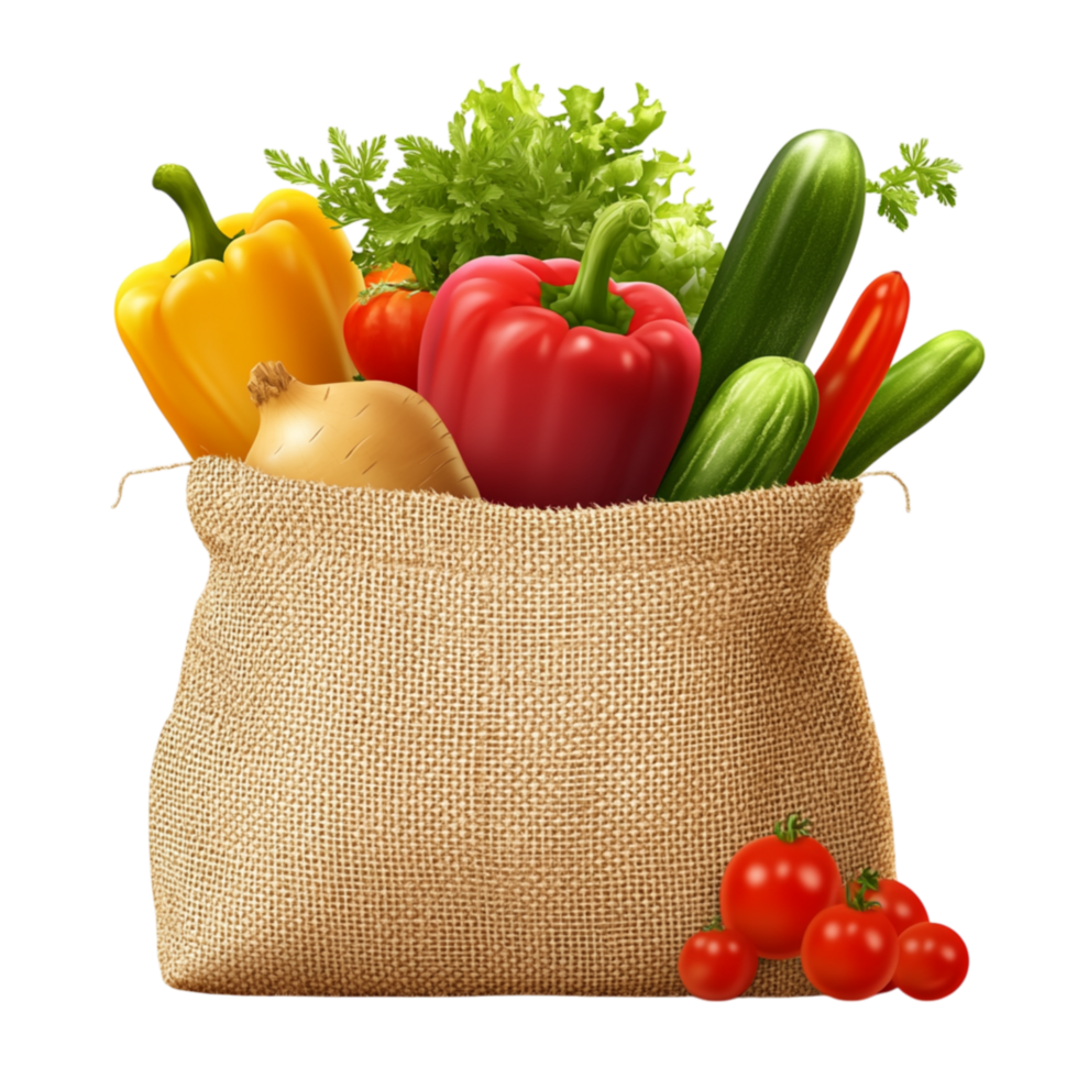 Assorted Fresh Vegetables in a Rustic Burlap Bag Healthy Food Concept png