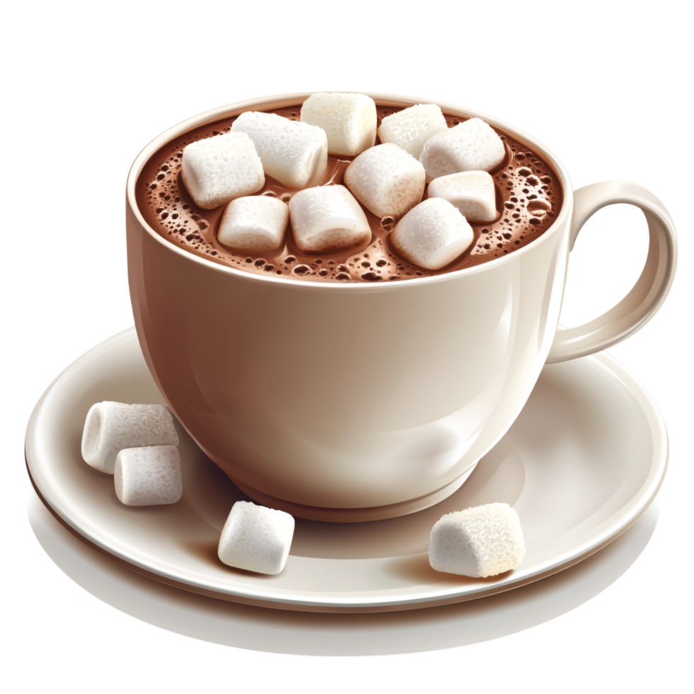 Creamy Hot Chocolate in White Cup with Floating Marshmallows on Saucer png
