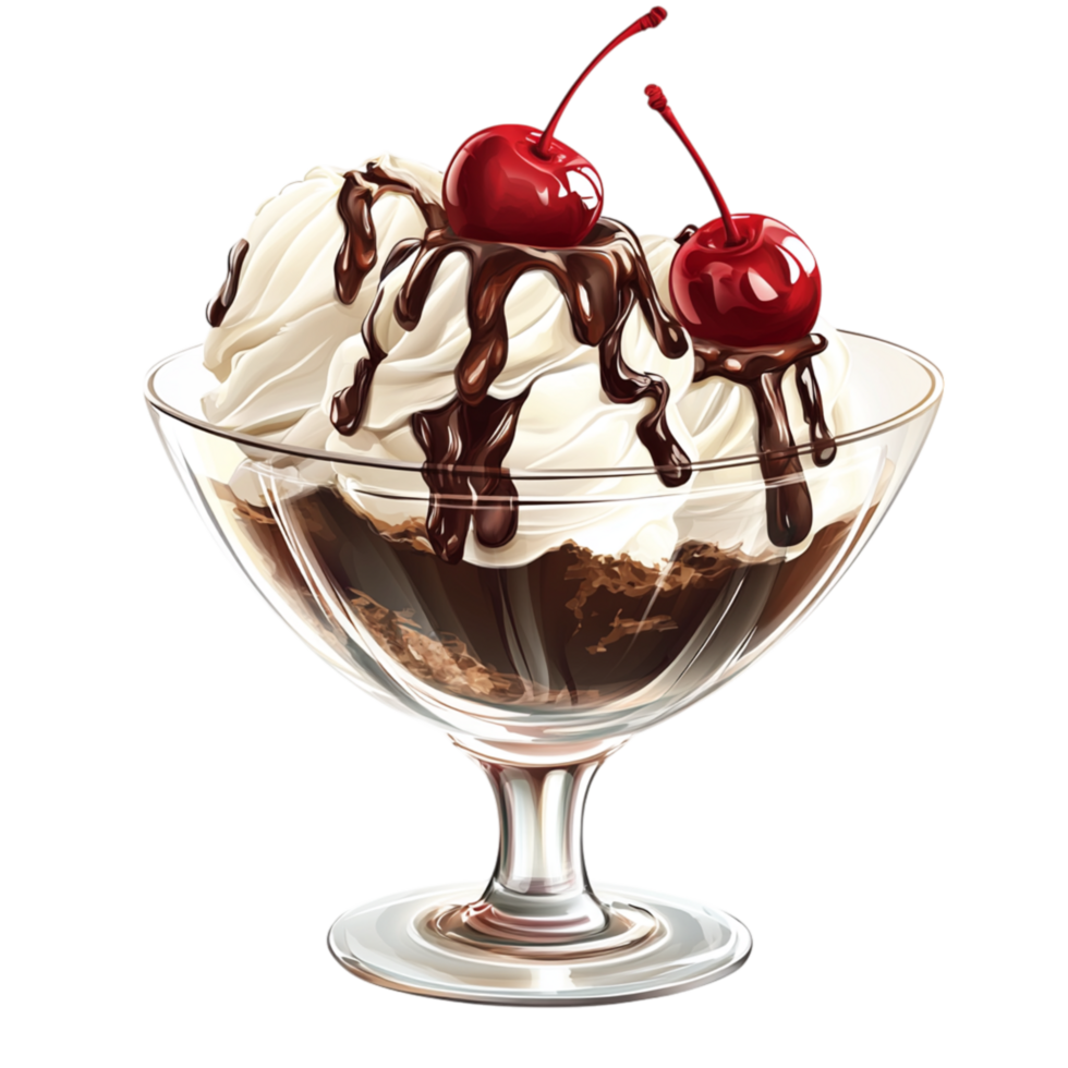 Classic Ice Cream Sundae with Chocolate Sauce and Cherries png