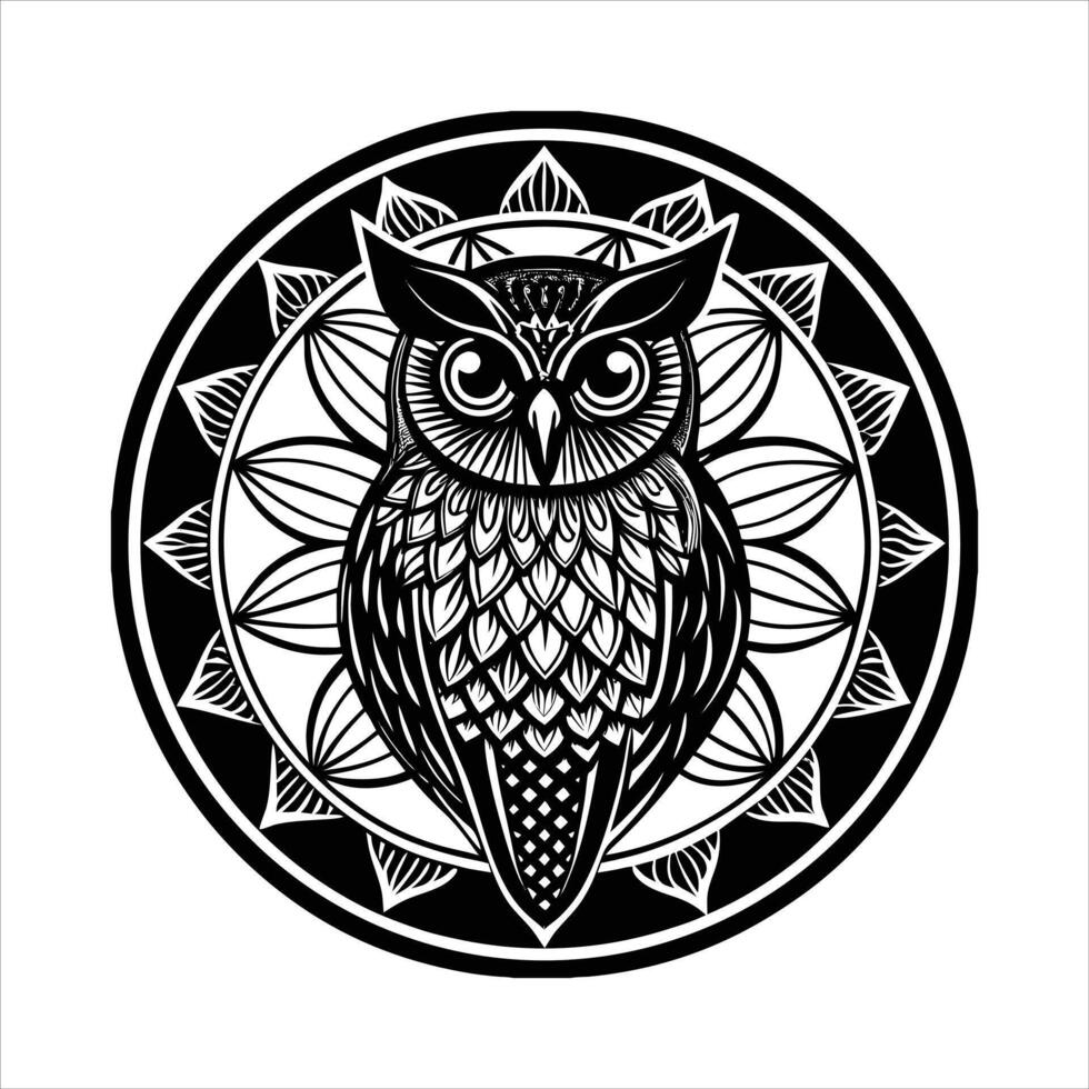 Mandala Owl Black White vector