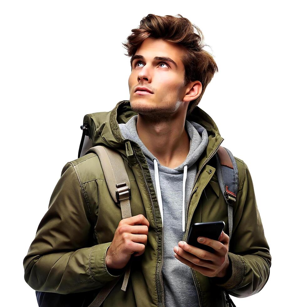 young man with backpack holding phone while travelling mockup on white background photo