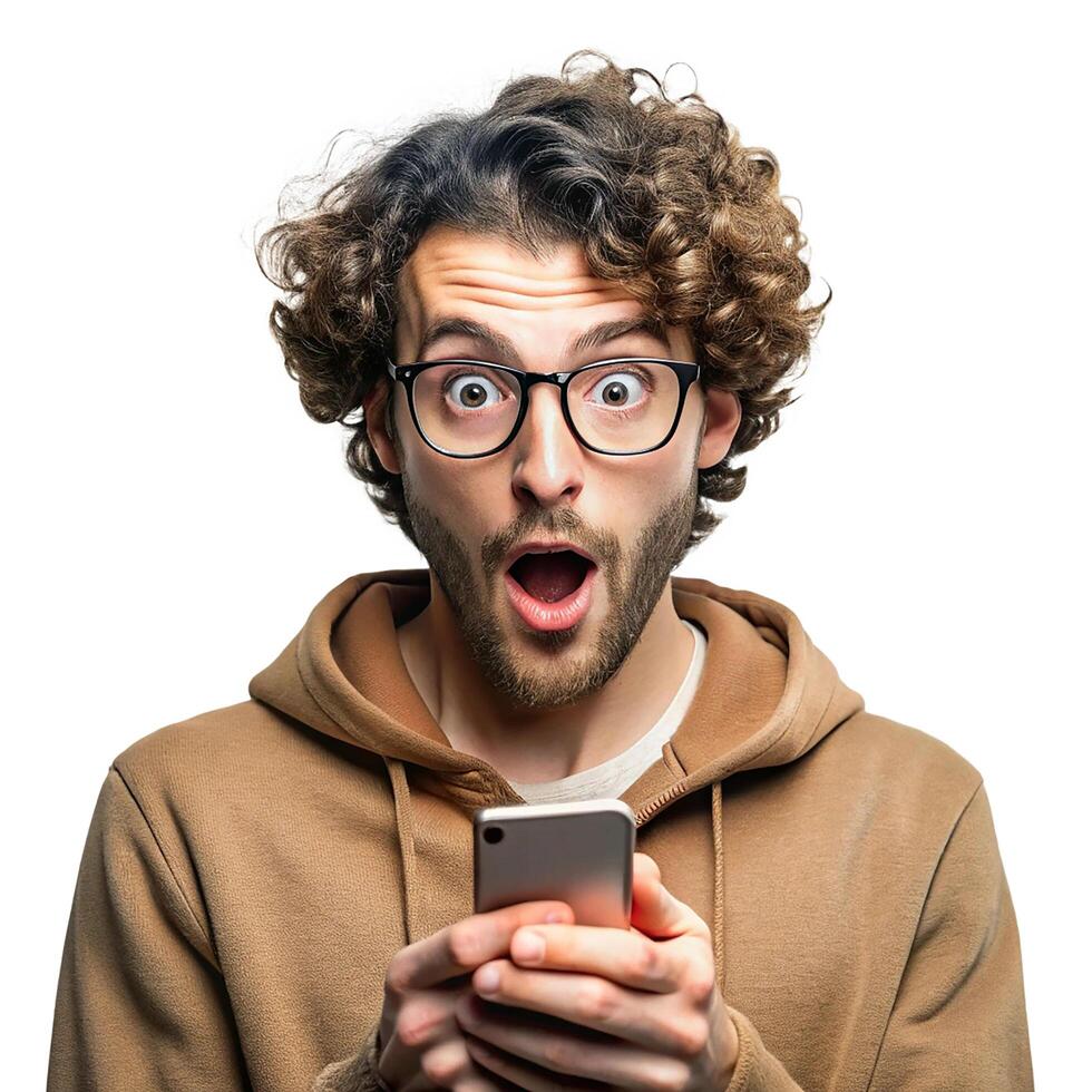 young man with surprised expression scrolling his mobile phone on white background photo