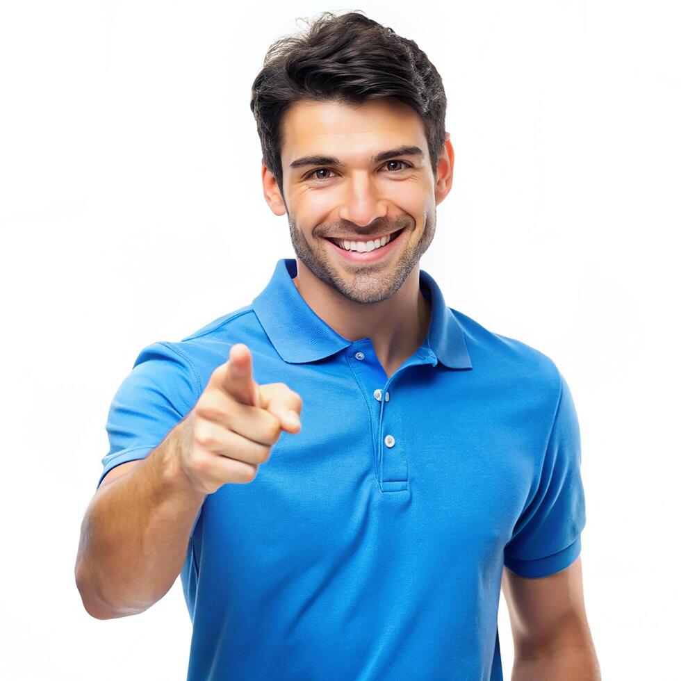 young man pointing toward screen on white background photo