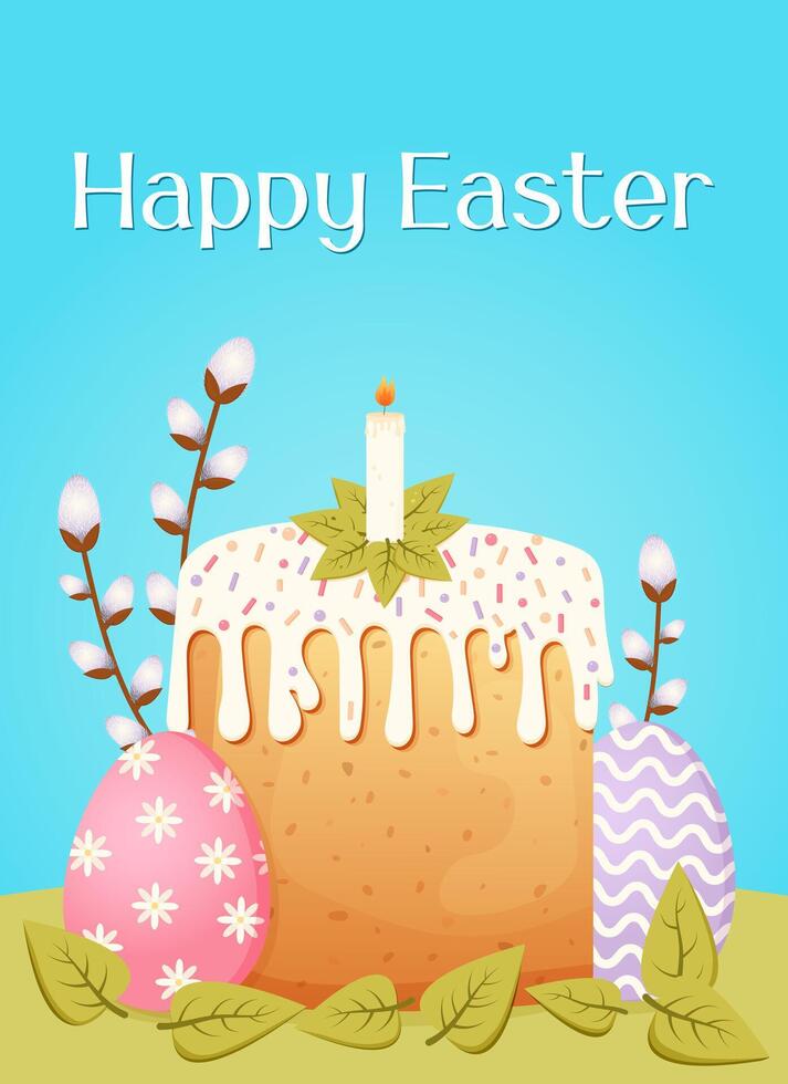 tender festive postcard for Easter with Easter cake and eggs vector