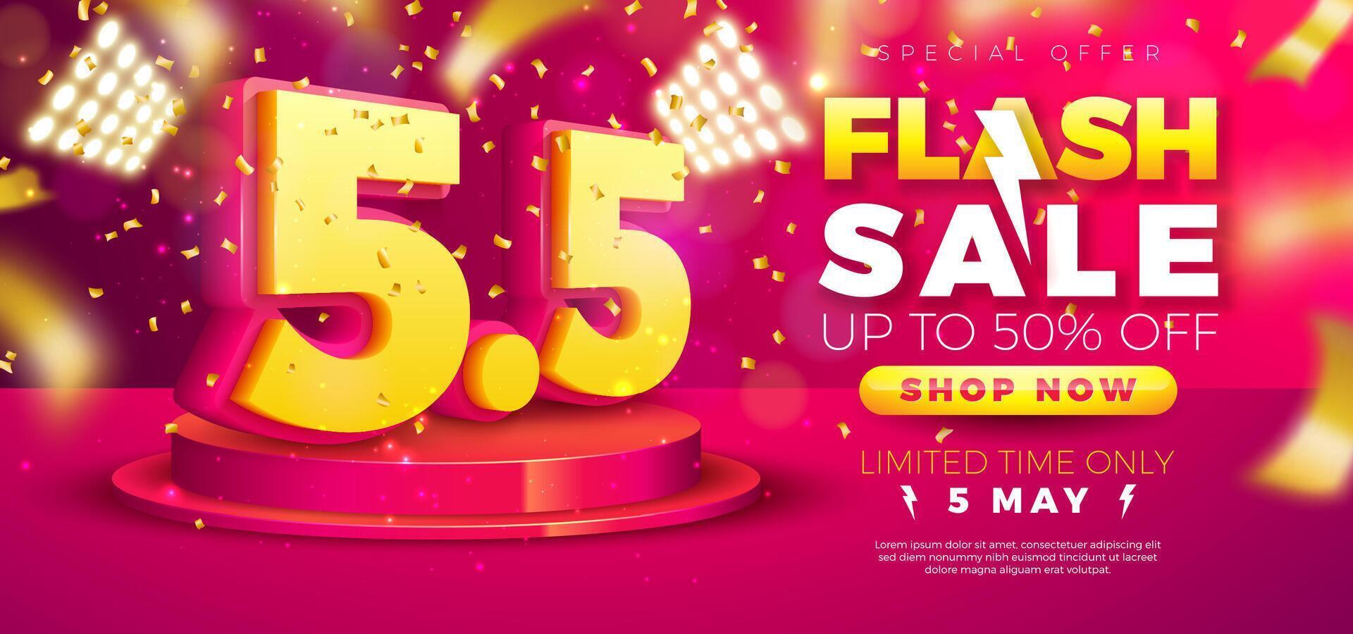 5 May Shopping Day Flash Sale Design with 3d 5.5 Number, Light Bulb Billboard and Stage Podium on Red Background. Special Offer 50 Percent Off Campaign Discount Illustration for Coupon, Voucher vector