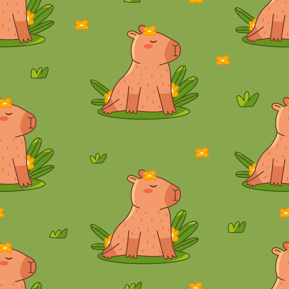 Beautiful capybara rests on the grass seamless pattern. Summer cute background for children. Flat illustration for textile, cloth, fabric, wrapping paper and print. vector