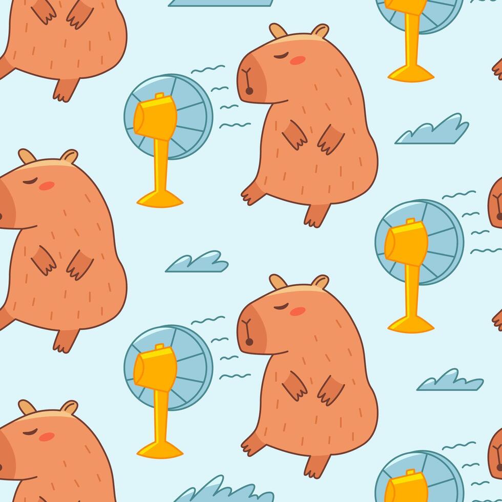 Capybara enjoys the wind from the fan seamless pattern. Summer cute background for children. Flat illustration for textile, cloth, fabric, wrapping paper and print. vector