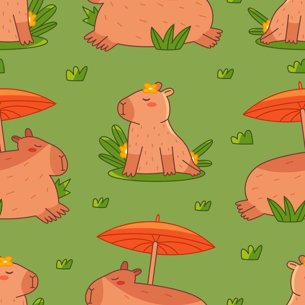 Beautiful capybaras rests on the grass seamless pattern. Summer cute background for children. Flat illustration for textile, cloth, fabric, wrapping paper and print. vector