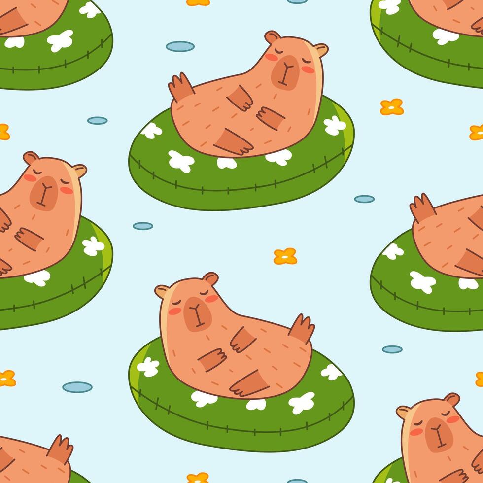 Capybara swim in water seamless pattern. Summer cute background for children. Flat illustration for textile, cloth, fabric, wrapping paper and print. vector