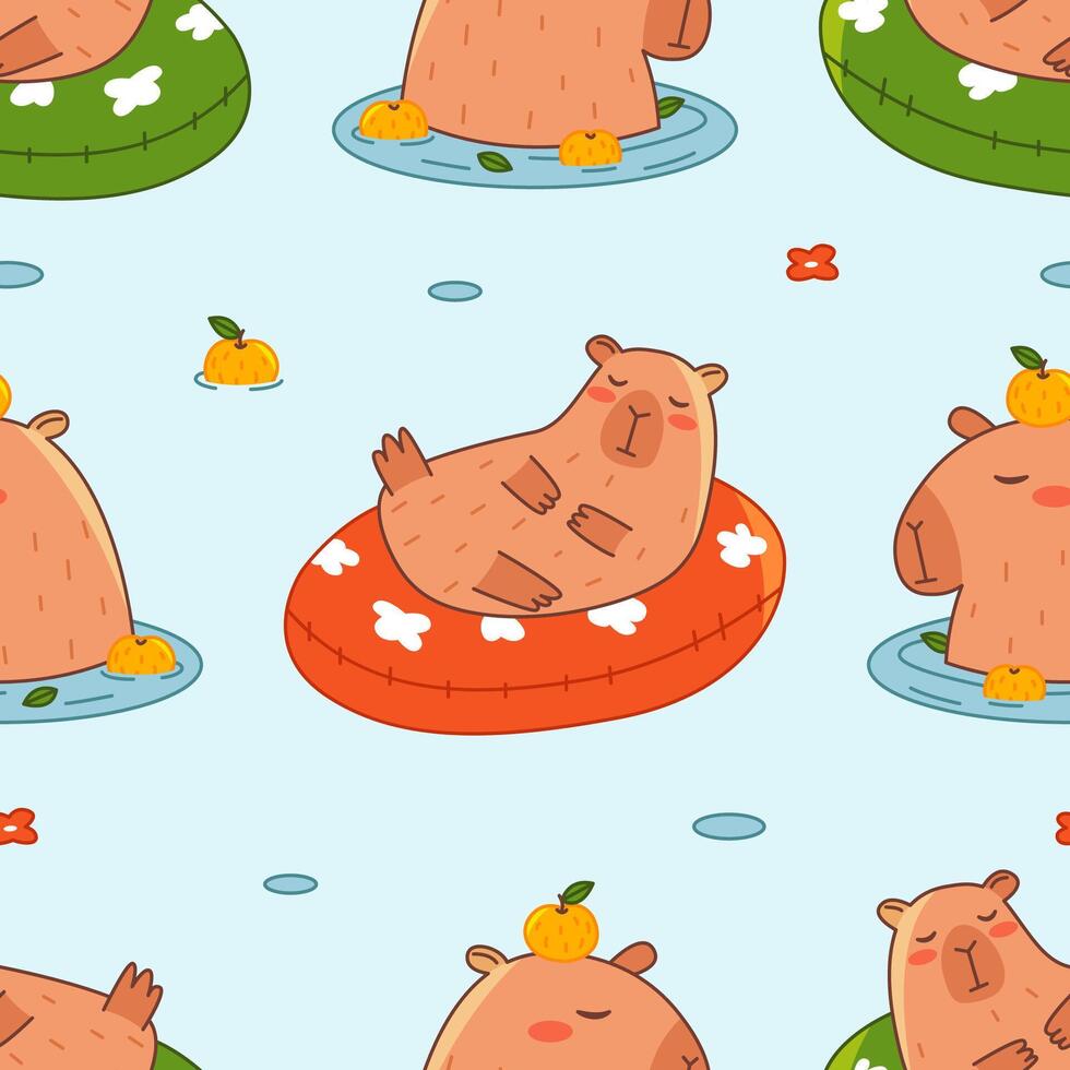 Capybaras swim in water seamless pattern. Summer cute background for children. Flat illustration for textile, cloth, fabric, wrapping paper and print. vector