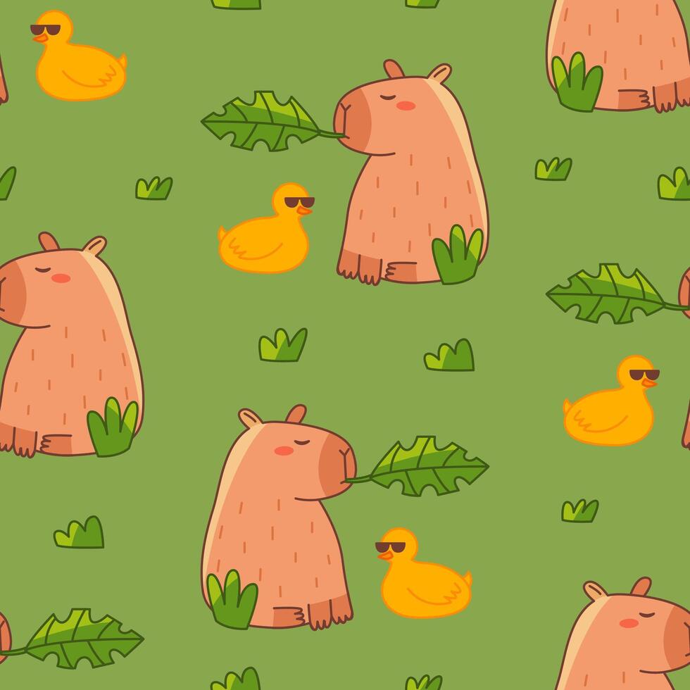 Capybara and duck seamless pattern. Summer cute background for children. Flat illustration for textile, cloth, fabric, wrapping paper and print. vector