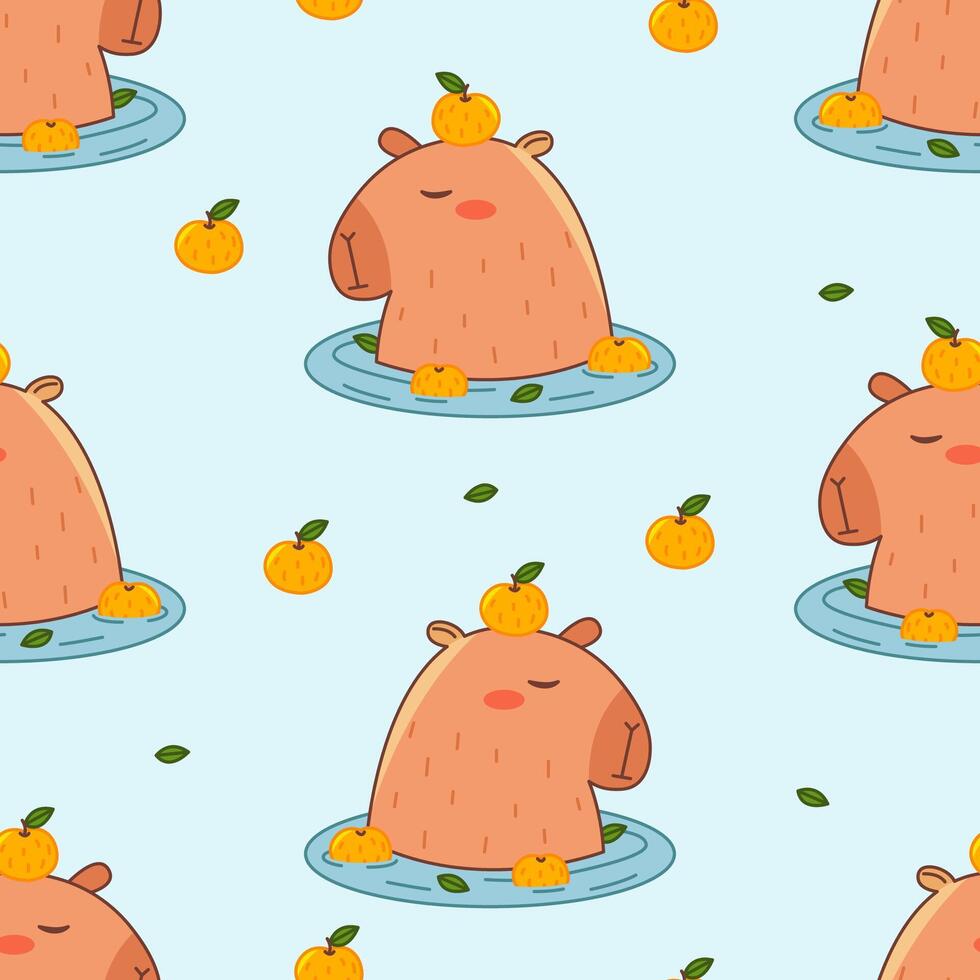 Capybara in water with oranges seamless pattern. Summer cute background for children. Flat illustration for textile, cloth, fabric, wrapping paper and print. vector