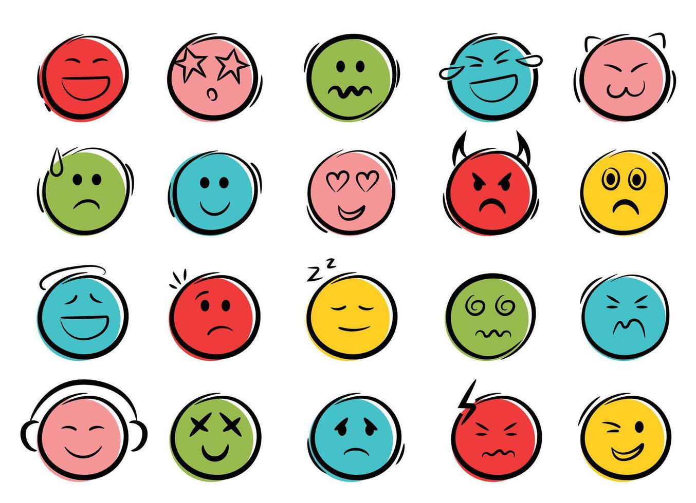 Doodle colorful emoji face icons set. Sketch style ink brush signs. vector