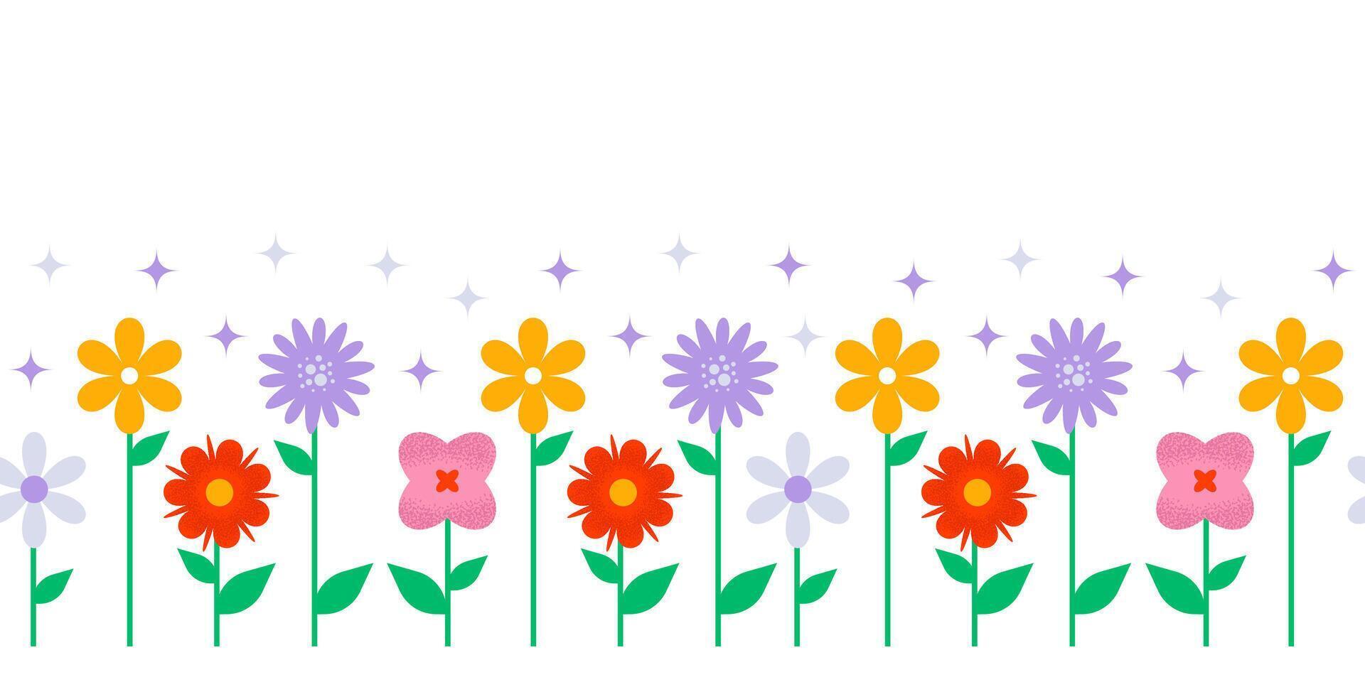 Modern minimalist flowers seamless border. Simple geometric shapes decorated with texture. vector