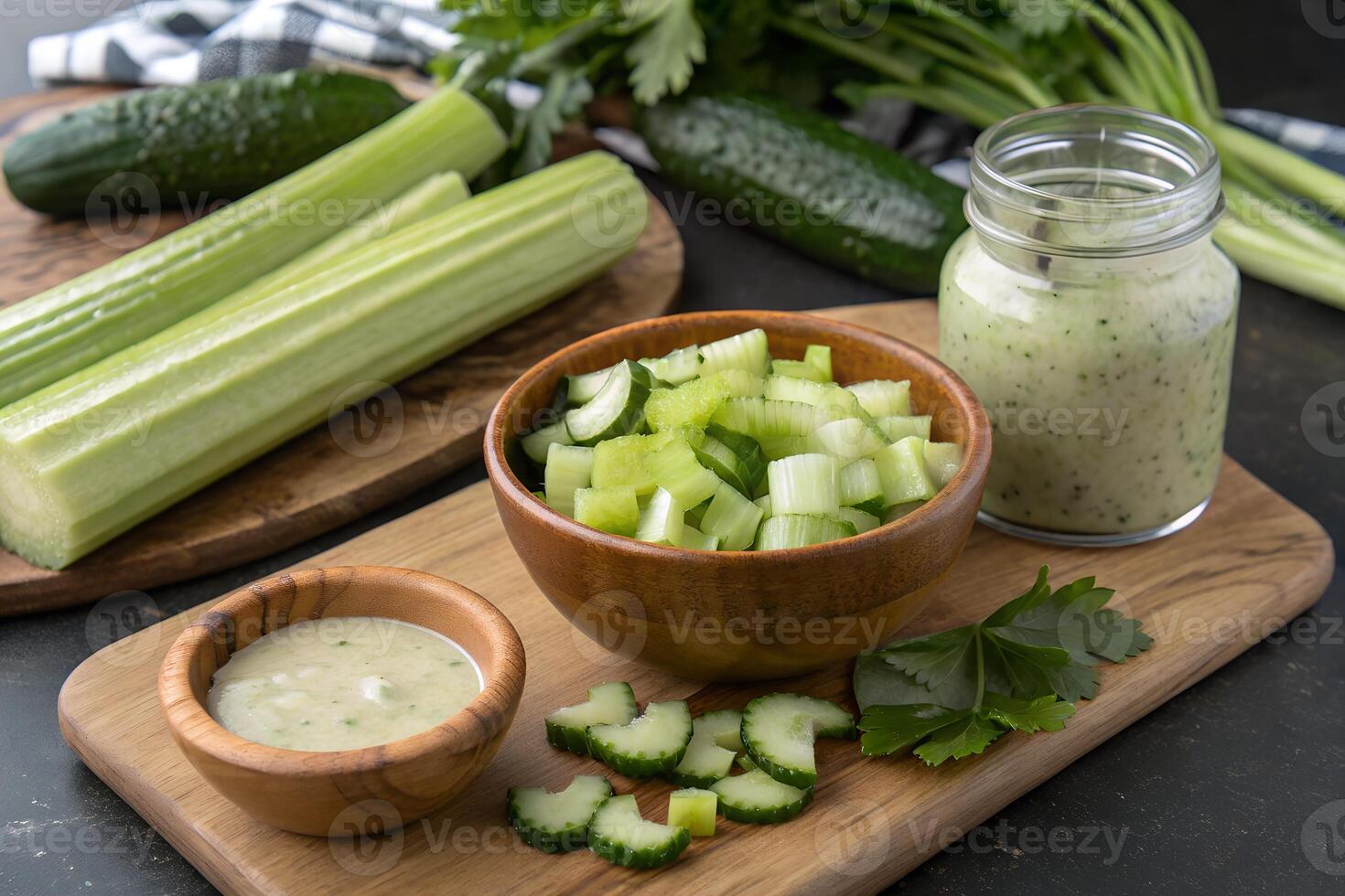 Fresh Sliced Celery with Homemade Dressing on Rustic Wooden Board photo