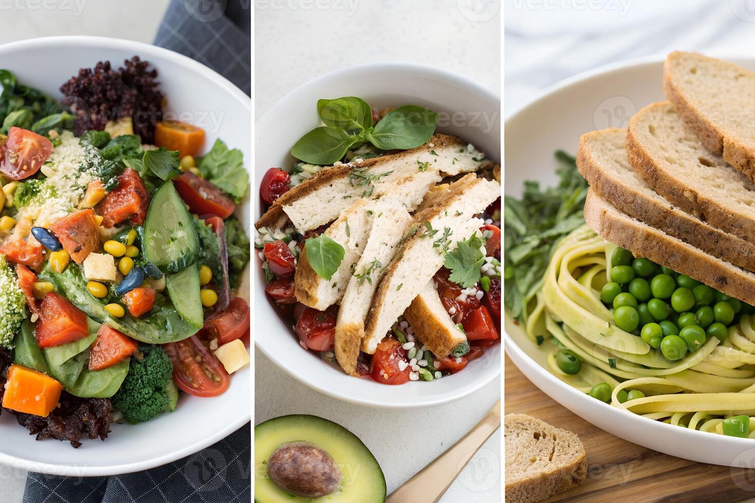 Nutritious Meal Trio Fresh Salads, Grilled Chicken Bowl Veggie Pasta Healthy Delicious photo