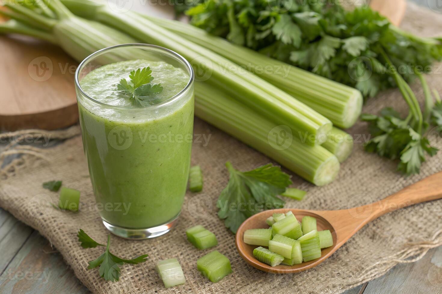 Fresh Celery Sticks and Chopped Celery in a Wooden Bowl photo