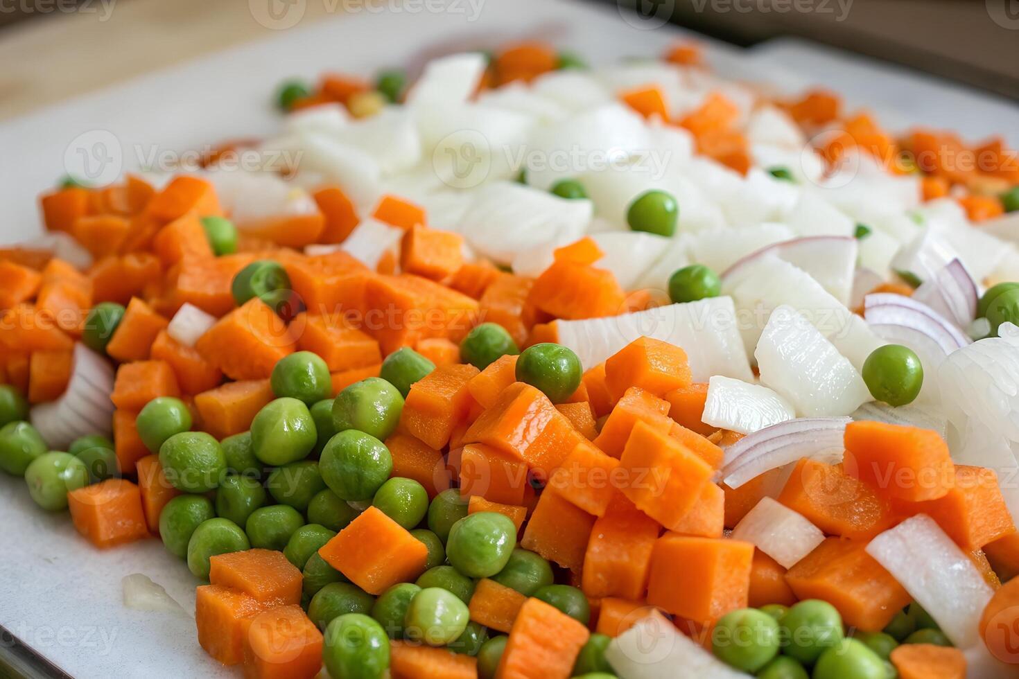 Freshly Chopped Carrots, Green Peas, and Onions Nutritious Healthy Ingredients photo