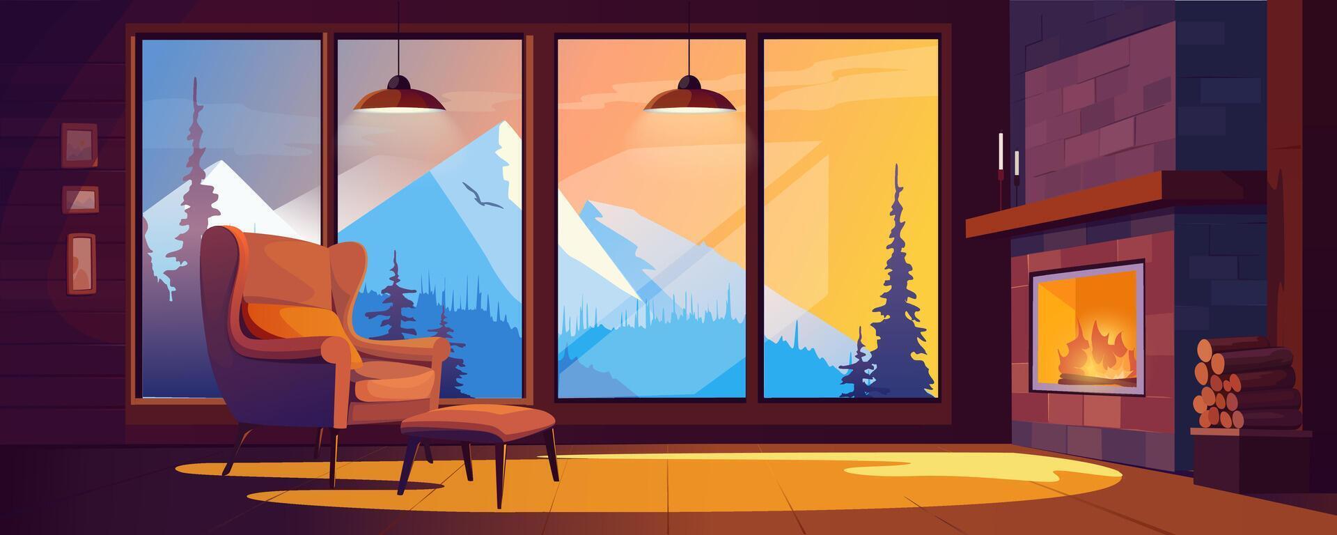 Fireplace room interior at chalet house background banner for game design. Cosy living room with chair, lights and huge window and winter mountains view at cottage house. cartoon illustration vector