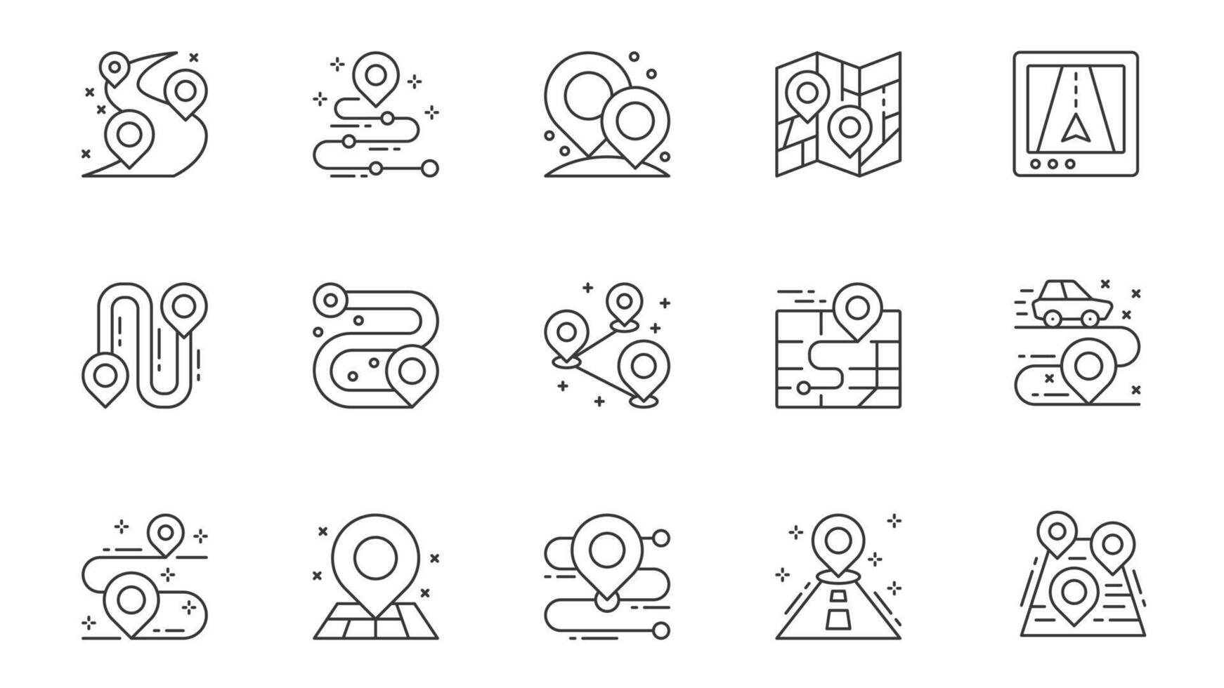 GPS navigator icons set in outline stroke design for web. Pack line pictograms with route with location points, pins, map, online tracking, direction, car travel, position, other. illustration. vector