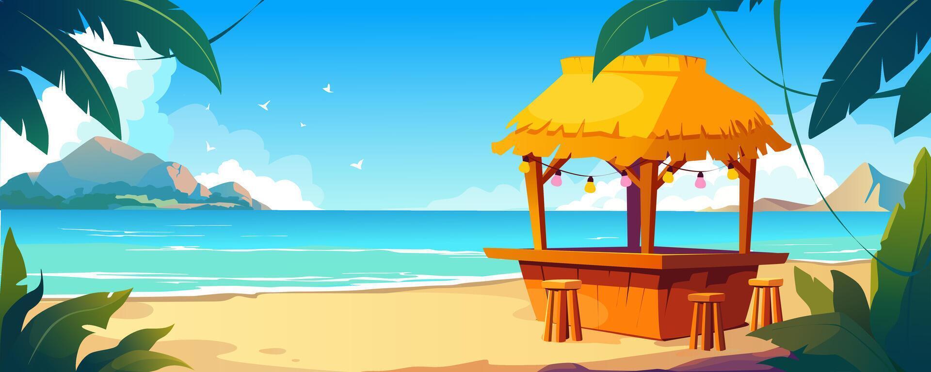 Tropical summer cafe at sea beach background banner for game design. Coastal wooden bar with with straw roof, chairs, tropical palm trees silhouettes in sunshine blue sky. cartoon illustration vector