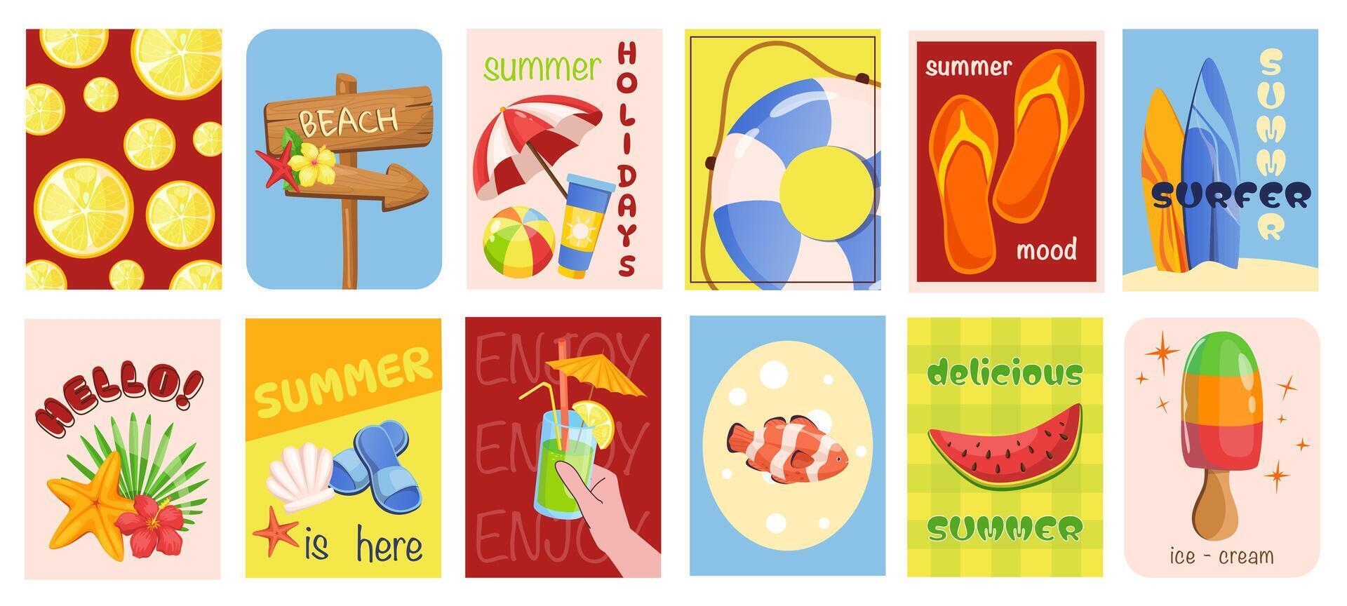 Summer beach cover typography template for posters, prints. Minimalistic banners set with summertime sea travel, surfboards, seashells, watermelon, cocktail, ice cream, other. illustration. vector