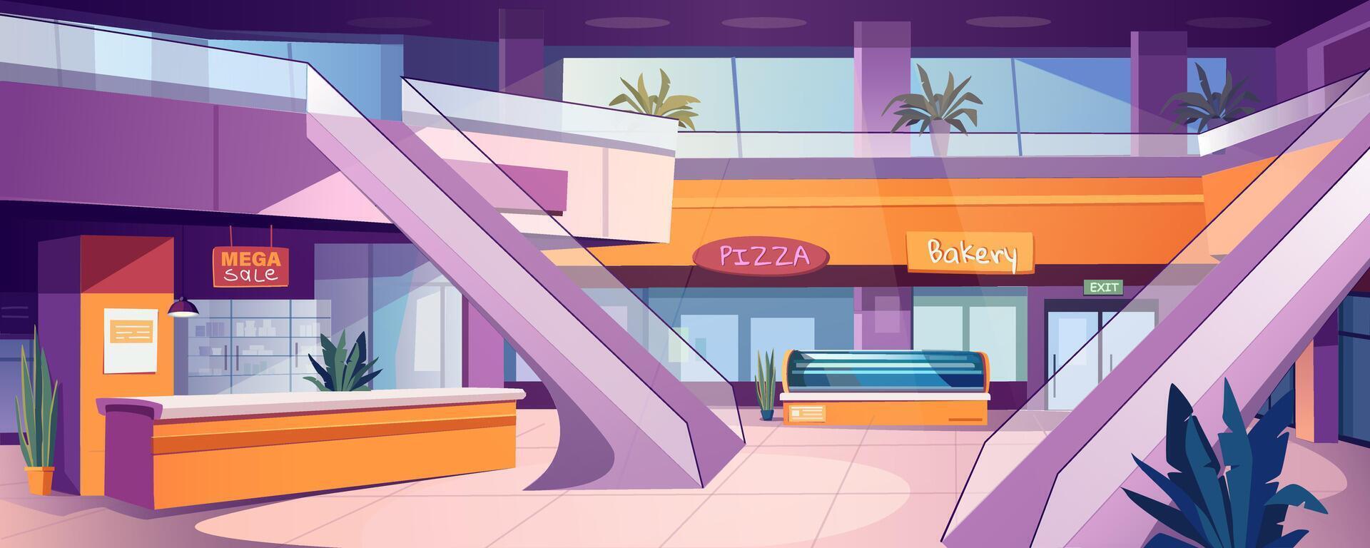 Shopping mall indoor background banner for game design. Large mall interior with escalators in hall, pizza cafeteria, bakery shop and other stores, showcases and showrooms. cartoon illustration vector