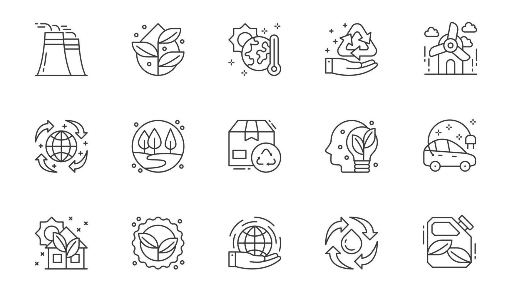 Renewable energy icons set in outline stroke design for web. Pack line pictograms with industry, green plant, global warm, recycling, wind turbine, forest,cardboard reuse, other. illustration. vector