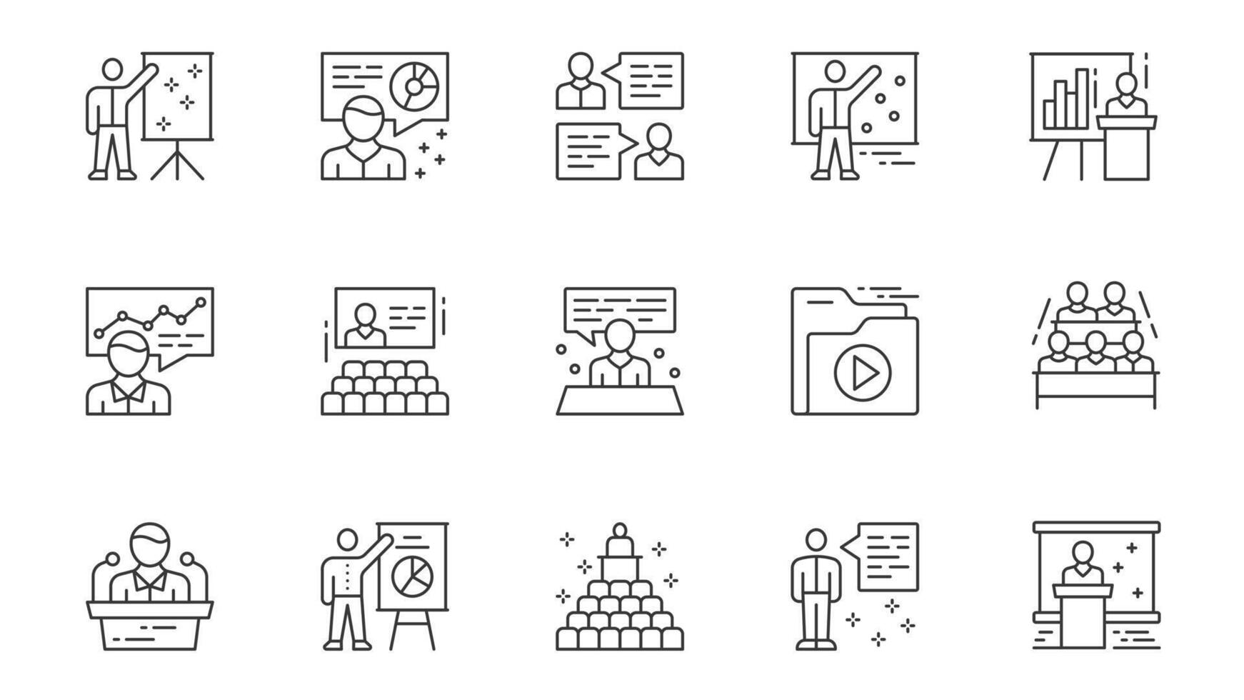 Business conference icons set in outline stroke design for web. Pack line pictograms with speaker, businessman, presentation, discussion, team meeting, audience, training, other. illustration. vector